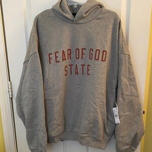 Fear of God Gray Hoodie with Red Lettering